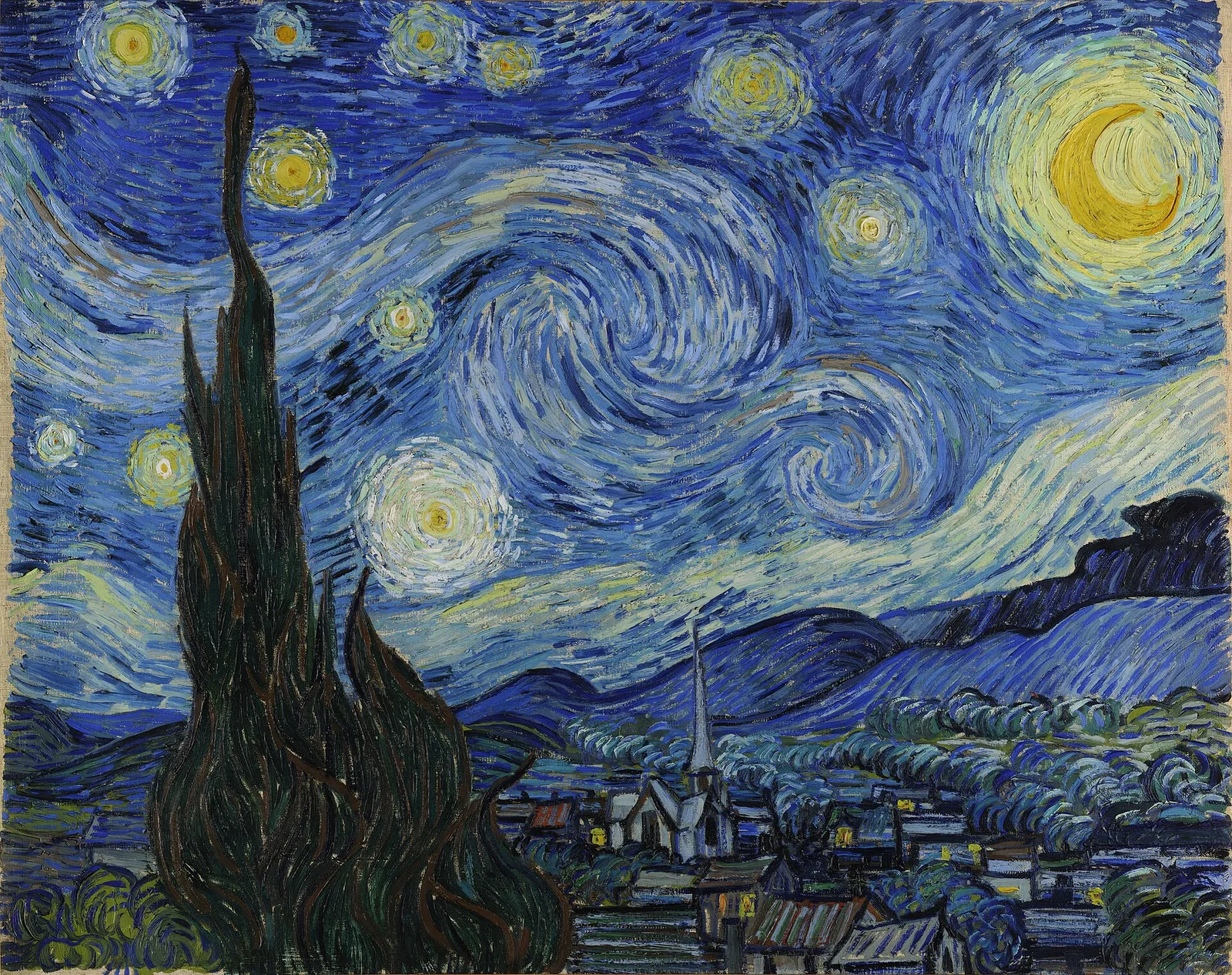 The Starry Night (1889), oil on canvas by Vincent van Gogh, painted at the Saint-Paul-de-Mausole asylum in Saint-Rémy-de-Provence — Museum of Modern Art, New York (public domain)