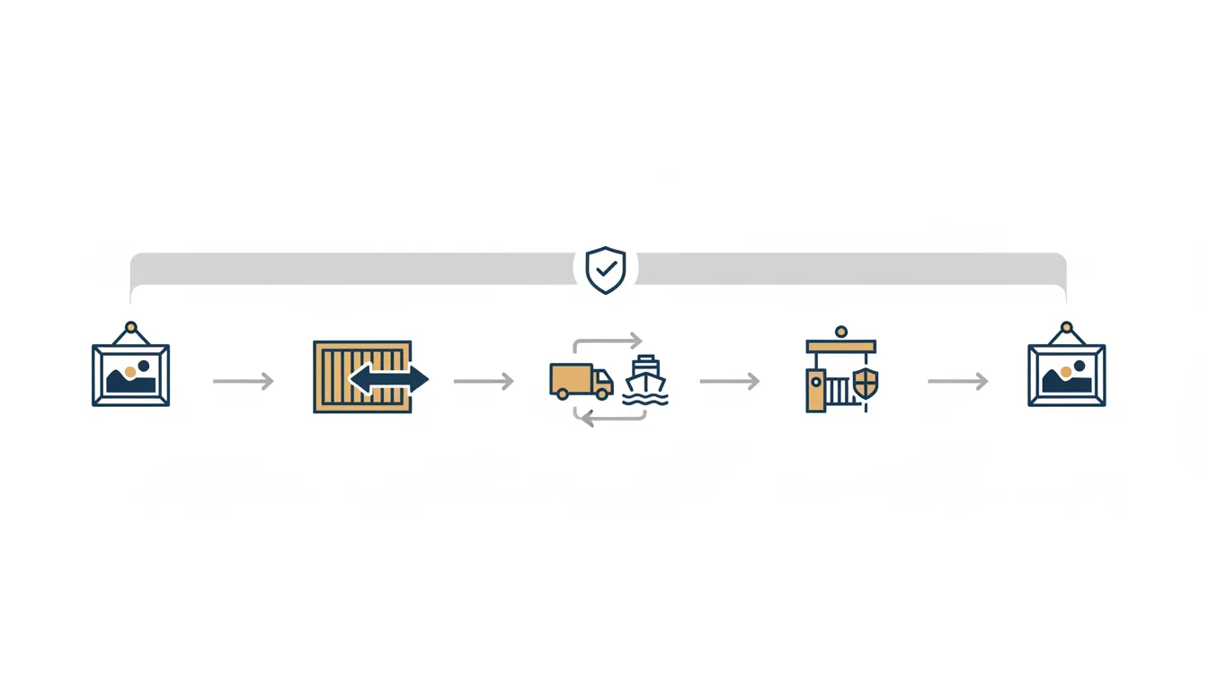 Schematic diagram showing a painting's nail-to-nail transit timeline from origin wall through crating, carrier, customs and destination wall, with an insurance coverage band running the full length
