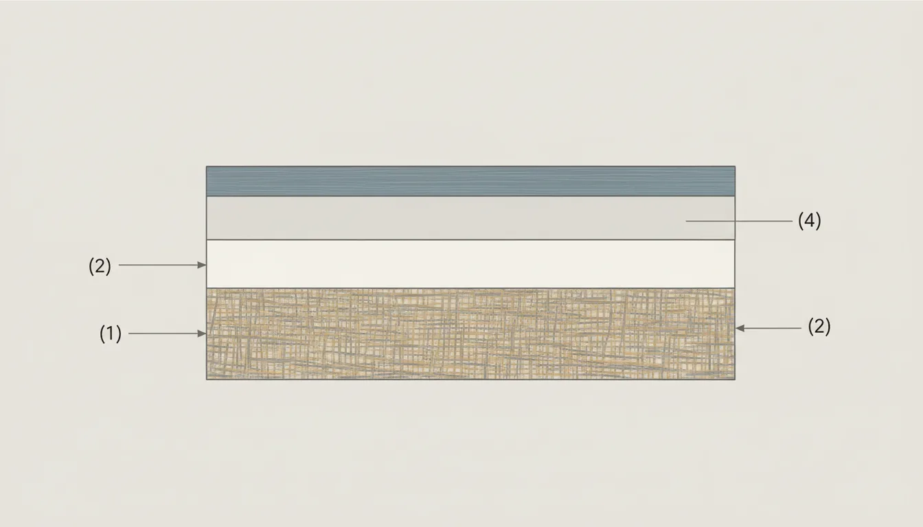 Schematic diagram of canvas preparation layers — raw canvas, gesso coats, primed surface, and paint — Perfeito Studio
