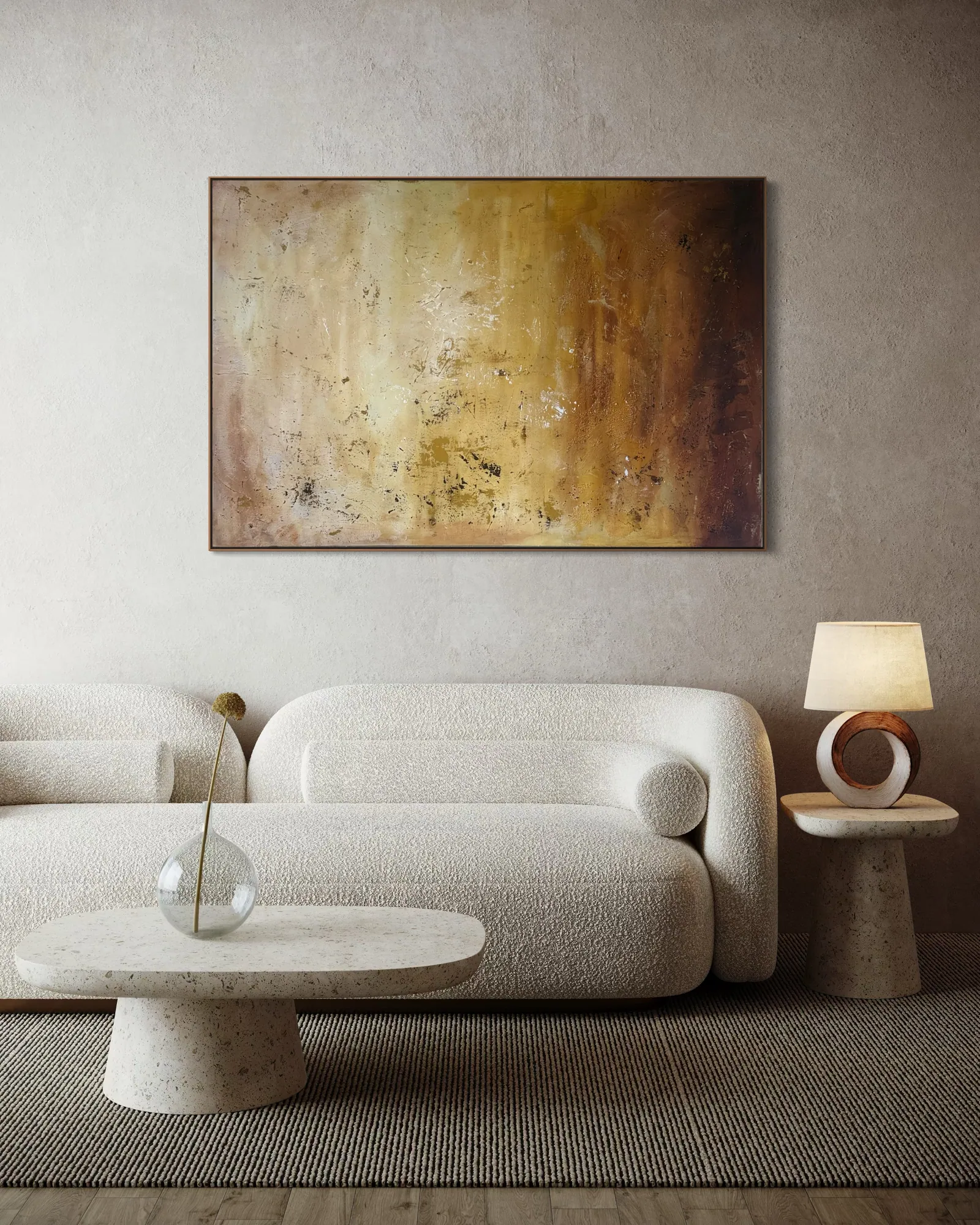 Amber Strata (150 x 100 cm), técnica mista com acrílica sobre tela, em ambiente — Alyne Perfeito, Perfeito Studio