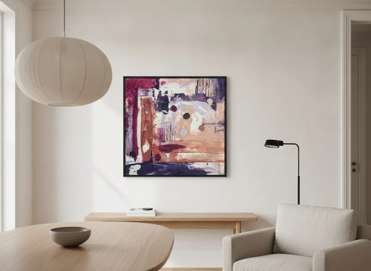 Amethyst Ground (100 x 100 cm), técnica mista sobre tela, em sala de estar — Alyne Perfeito, Perfeito Studio