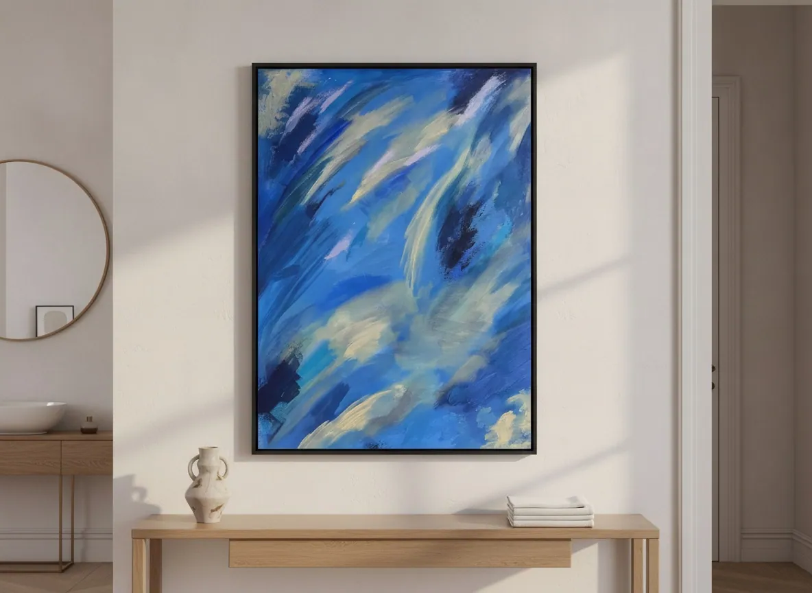 Celestial Drift (70 x 100 cm), acrílica sobre tela, instalada numa parede estreita entre espelho e porta — Alyne Perfeito, Perfeito Studio