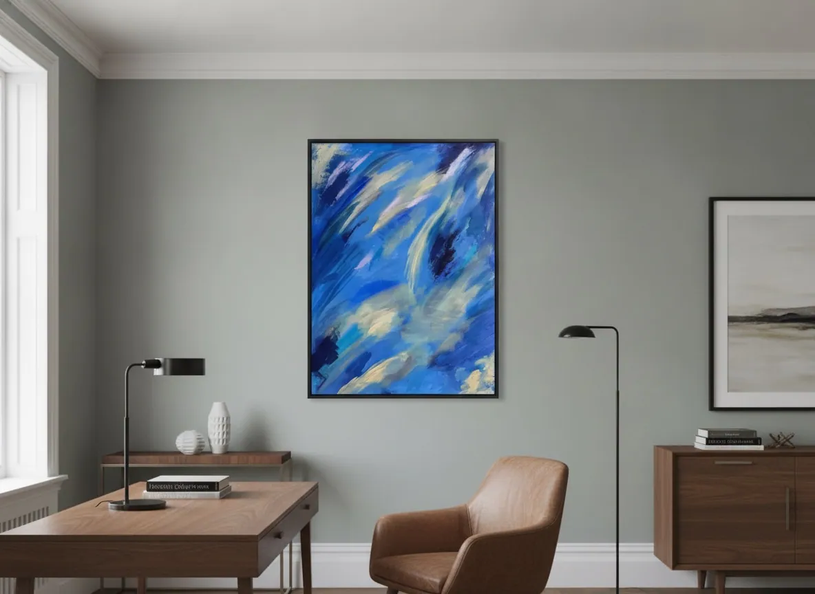 Celestial Drift (70 x 100 cm), acrílica sobre tela, em home office — Alyne Perfeito, Perfeito Studio