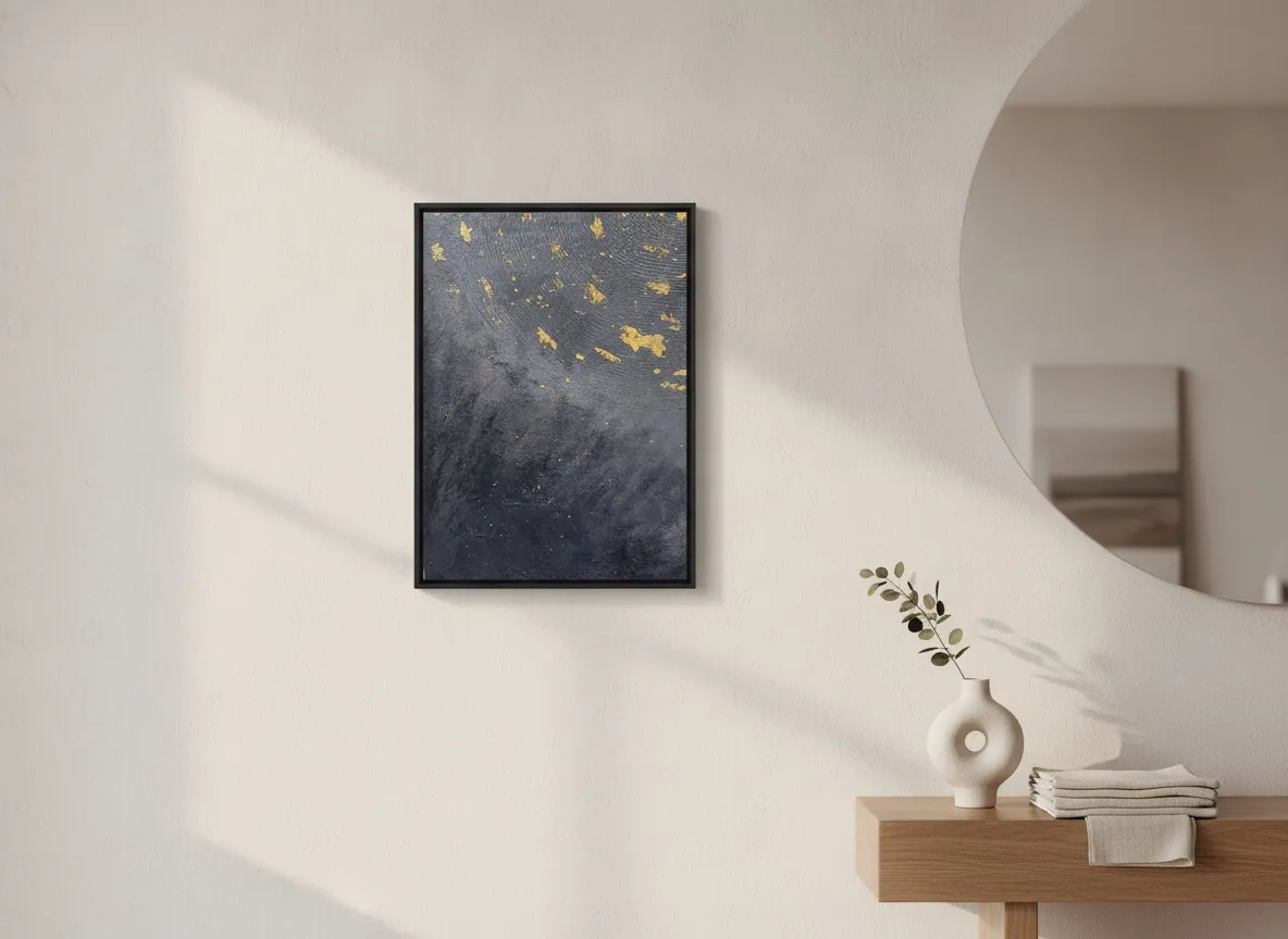 Celestial Plan (50 x 70 cm), técnica mista, pasta texturizada e folha de ouro sobre tela — Alyne Perfeito, Perfeito Studio