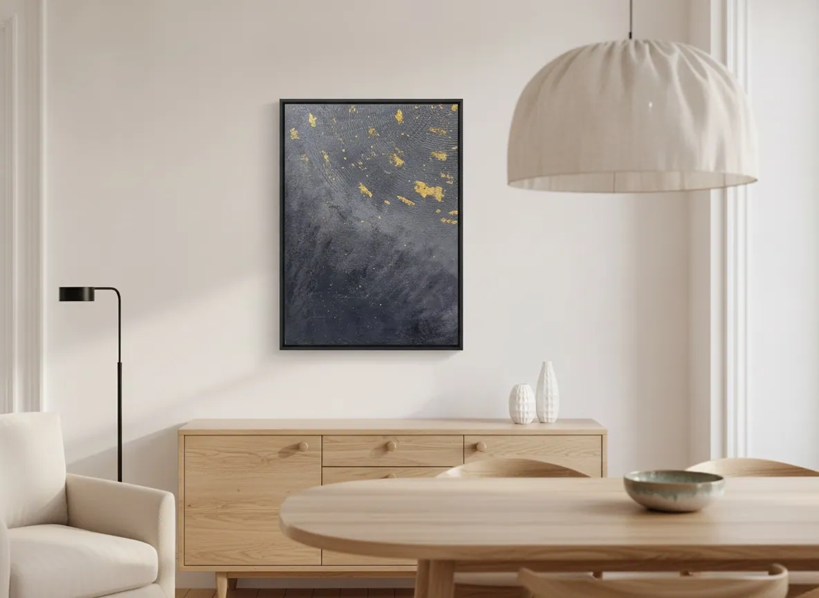 Celestial Plan (50 x 70 cm), técnica mista com pasta texturizada e folha de ouro sobre tela, em ambiente corporativo sóbrio — Alyne Perfeito, Perfeito Studio