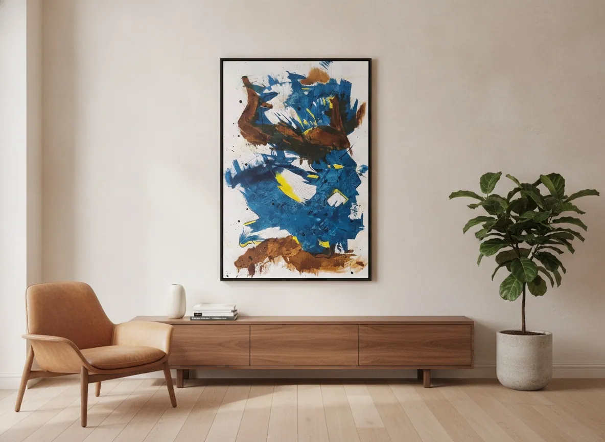 Crossing Currents (80 x 120 cm), técnica mista com acrílica e pasta de textura sobre tela, em ambiente — Alyne Perfeito, Perfeito Studio