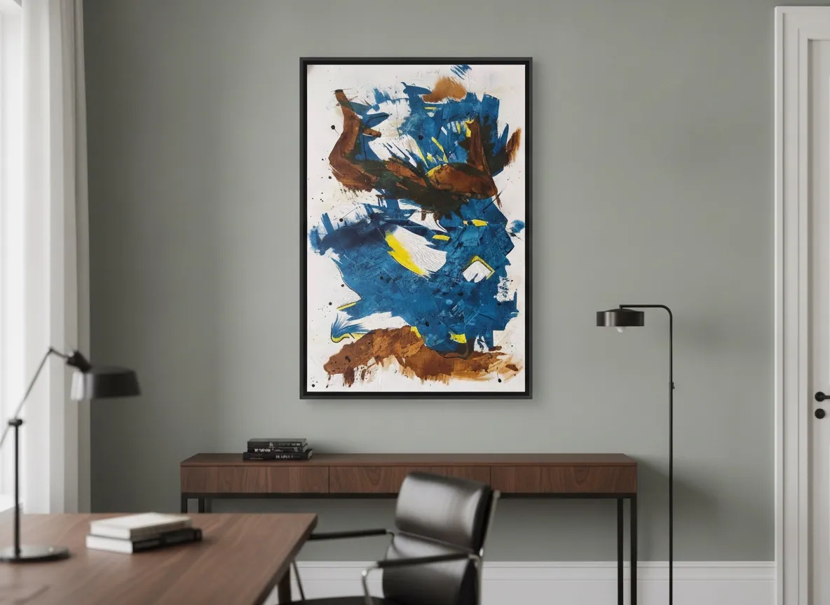 Crossing Currents (80 x 120 cm), técnica mista sobre tela, em escritório de projeto — Alyne Perfeito, Perfeito Studio