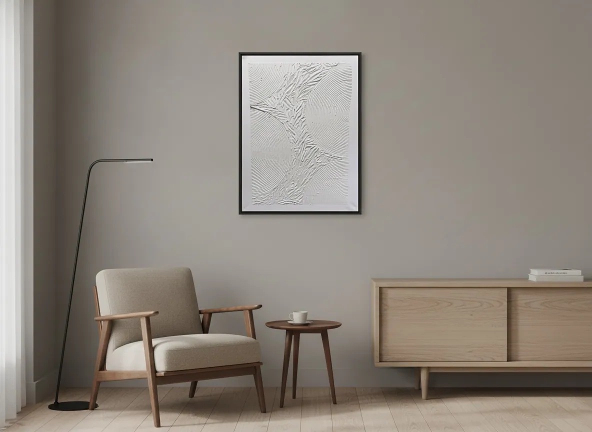 Echo of Silence (50 x 70 cm), relevo esculpido sobre tela, em sala com parede cinza — Alyne Perfeito, Perfeito Studio
