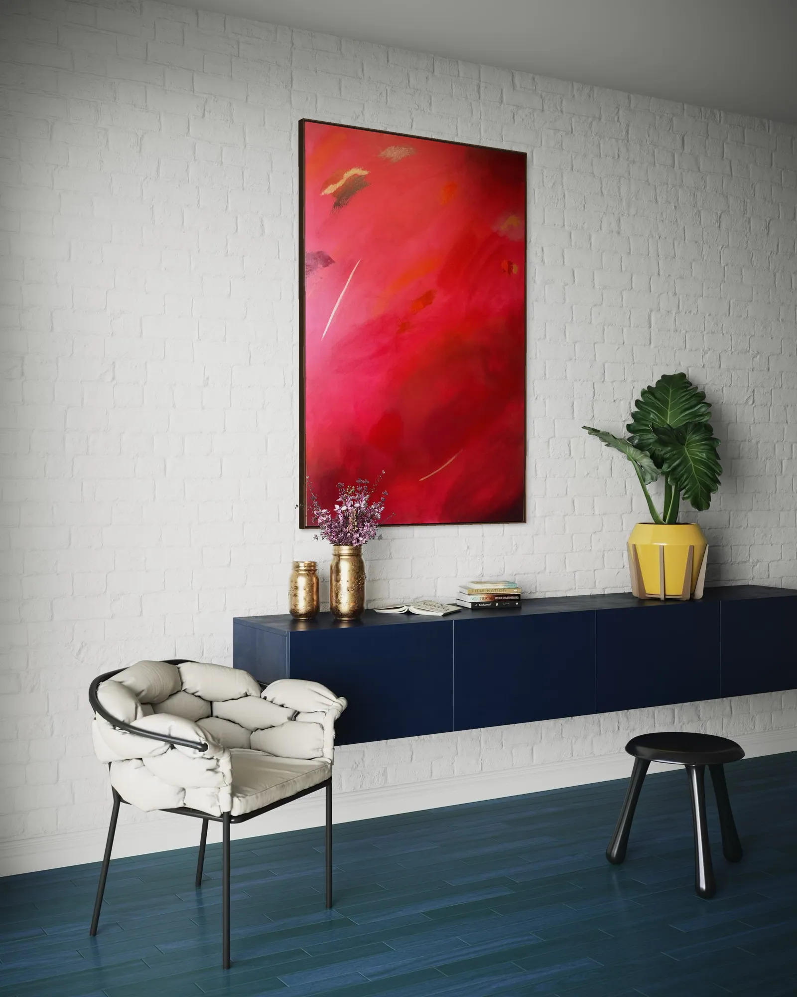 Fire of Devotion (100 x 150 cm), acrílica sobre tela, em sala de estar — Alyne Perfeito, Perfeito Studio