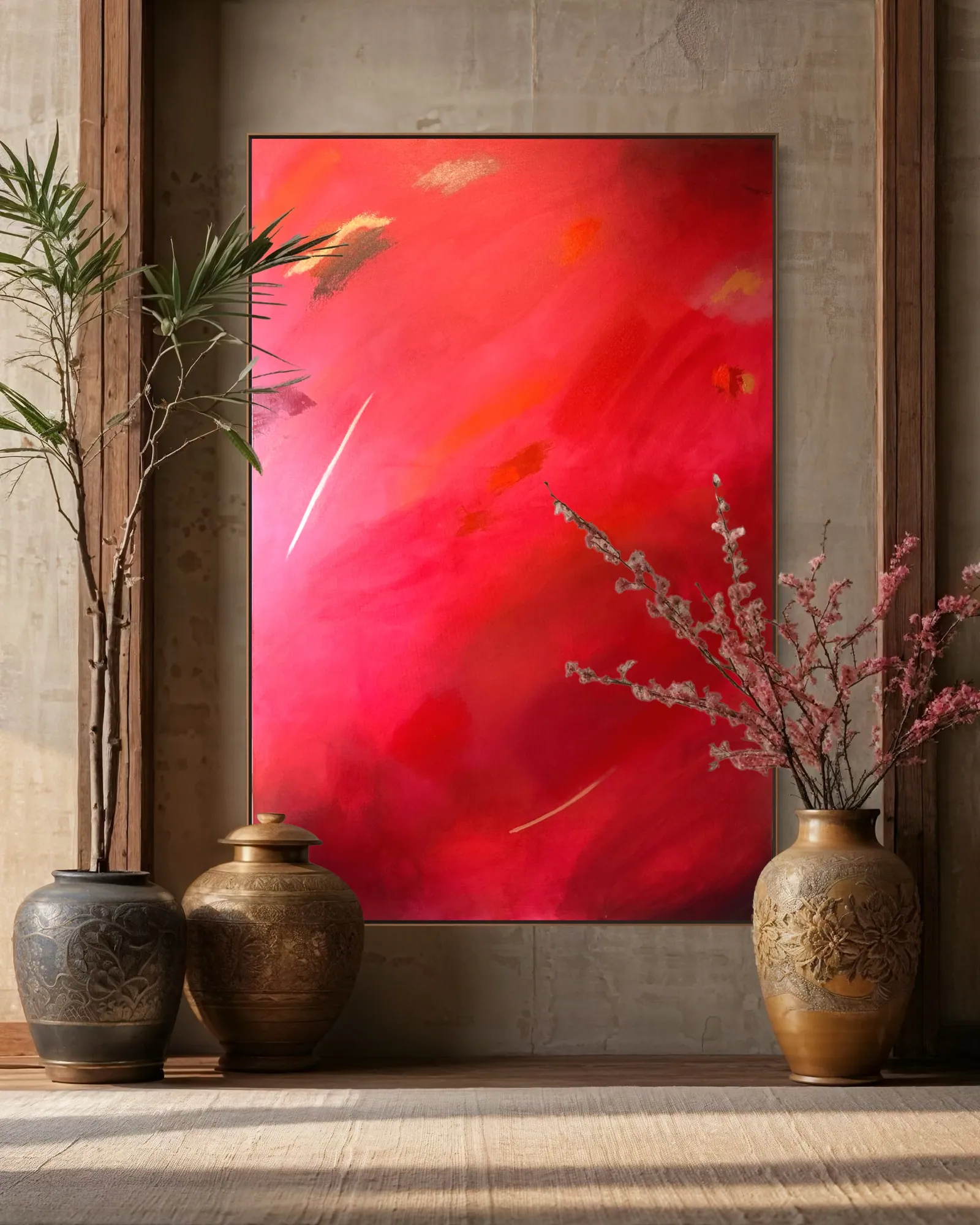 Fire of Devotion (100 x 150 cm), acrílica sobre tela, apoiada numa altura baixa em ambiente residencial — Alyne Perfeito, Perfeito Studio