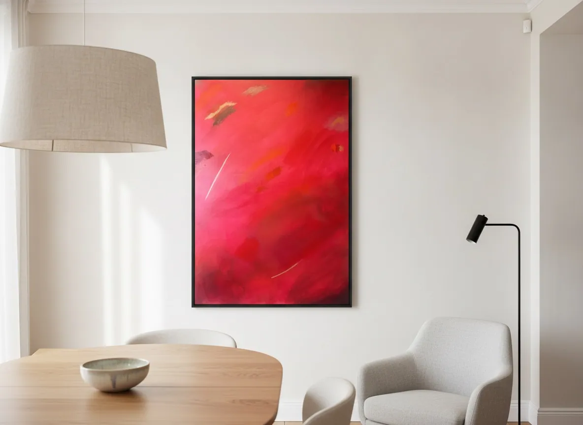 Fire of Devotion (100 x 150 cm), acrylic on canvas, in a dining room — Alyne Perfeito, Perfeito Studio
