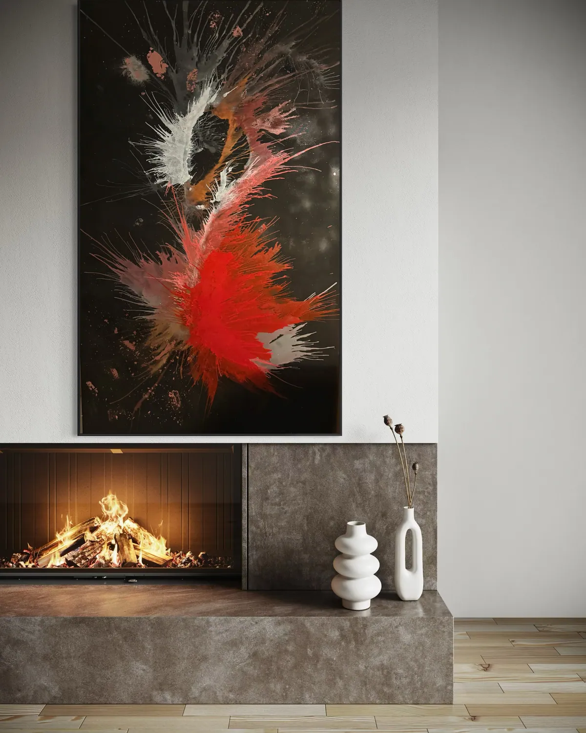 Genesis of Flame by Alyne Perfeito shown in an interior setting — digital visualization, Heart of Chaos series