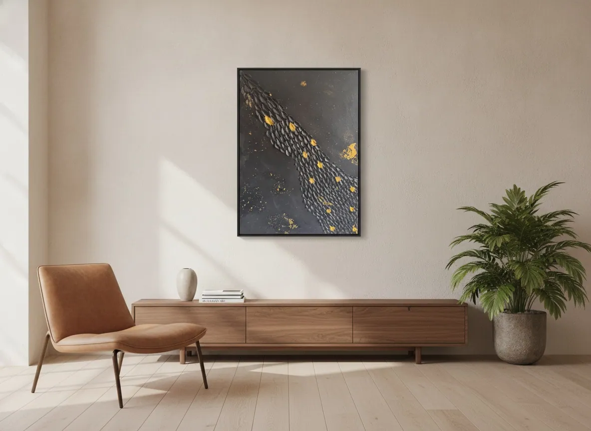 Golden Passage by Alyne Perfeito shown in an interior setting — digital visualization, Black & Gold series