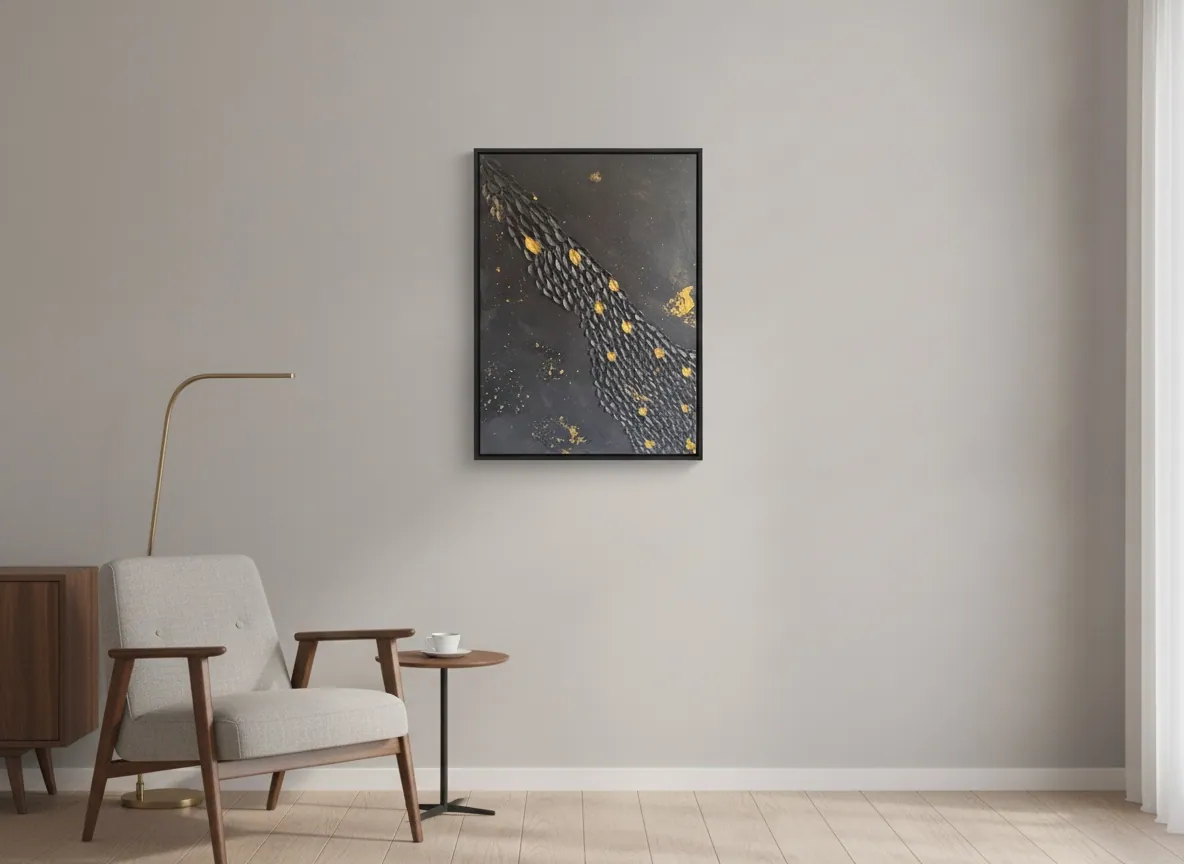 Golden Passage (60 x 80 cm), técnica mista, pasta de textura e folha de ouro sobre tela, in situ — Alyne Perfeito, Perfeito Studio