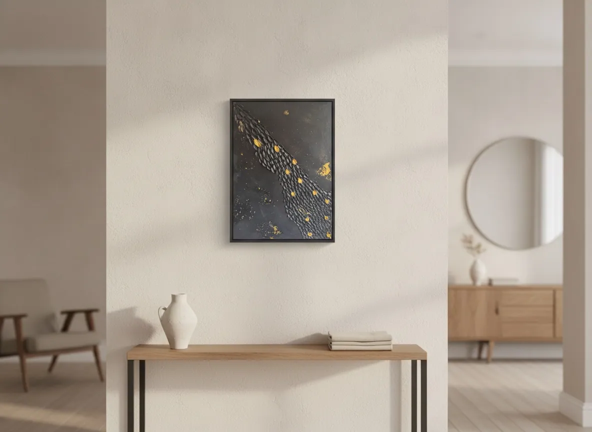 Golden Passage (60 x 80 cm), técnica mista, massa de textura e folha de ouro sobre tela, em ambiente residencial — Alyne Perfeito, Perfeito Studio
