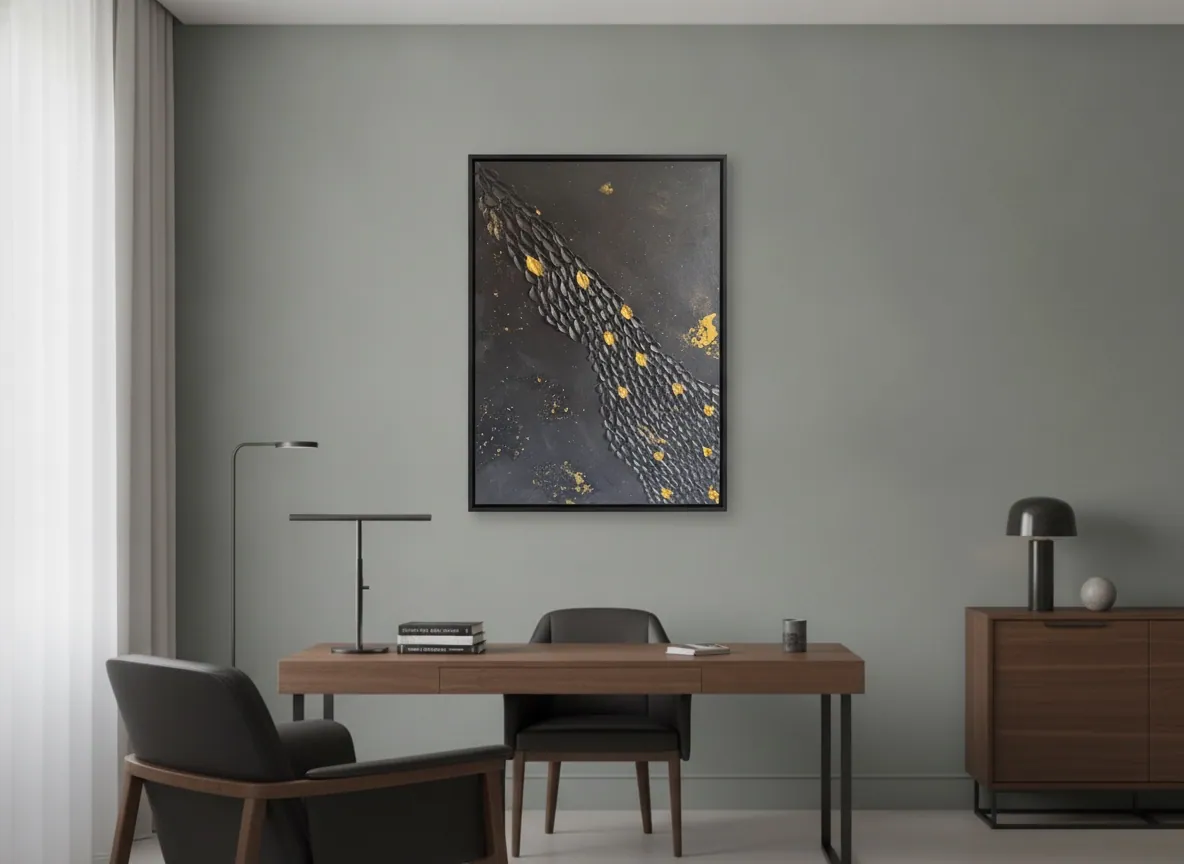 Golden Passage (60 x 80 cm), técnica mista com folha de ouro sobre tela, em ambiente de escritório executivo — Alyne Perfeito, Perfeito Studio