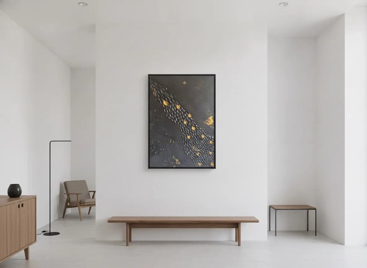 Golden Passage (60 x 80 cm), técnica mista com pasta texturizada e folha de ouro sobre tela, em ambiente de parede branca com banco baixo e iluminação de teto direcionada — Alyne Perfeito, Perfeito Studio