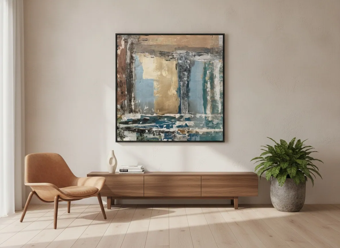 Patina Field (100 x 100 cm), acrílica sobre tela, em ambiente de paleta terrosa com poltrona de couro caramelo, madeira maciça e planta — Alyne Perfeito, Perfeito Studio