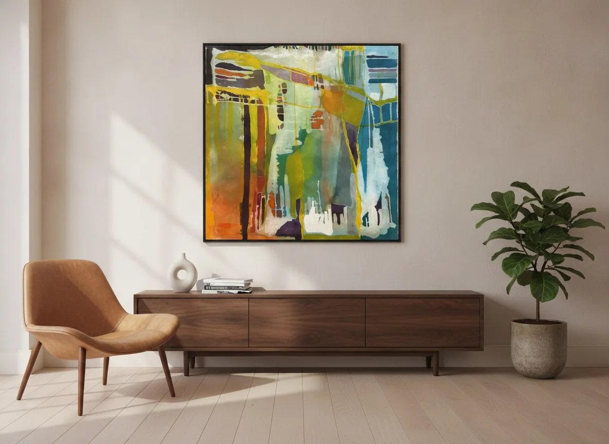 Prism Garden (100 x 100 cm), acrílica sobre tela, em ambiente mid-century modern — Alyne Perfeito, Perfeito Studio