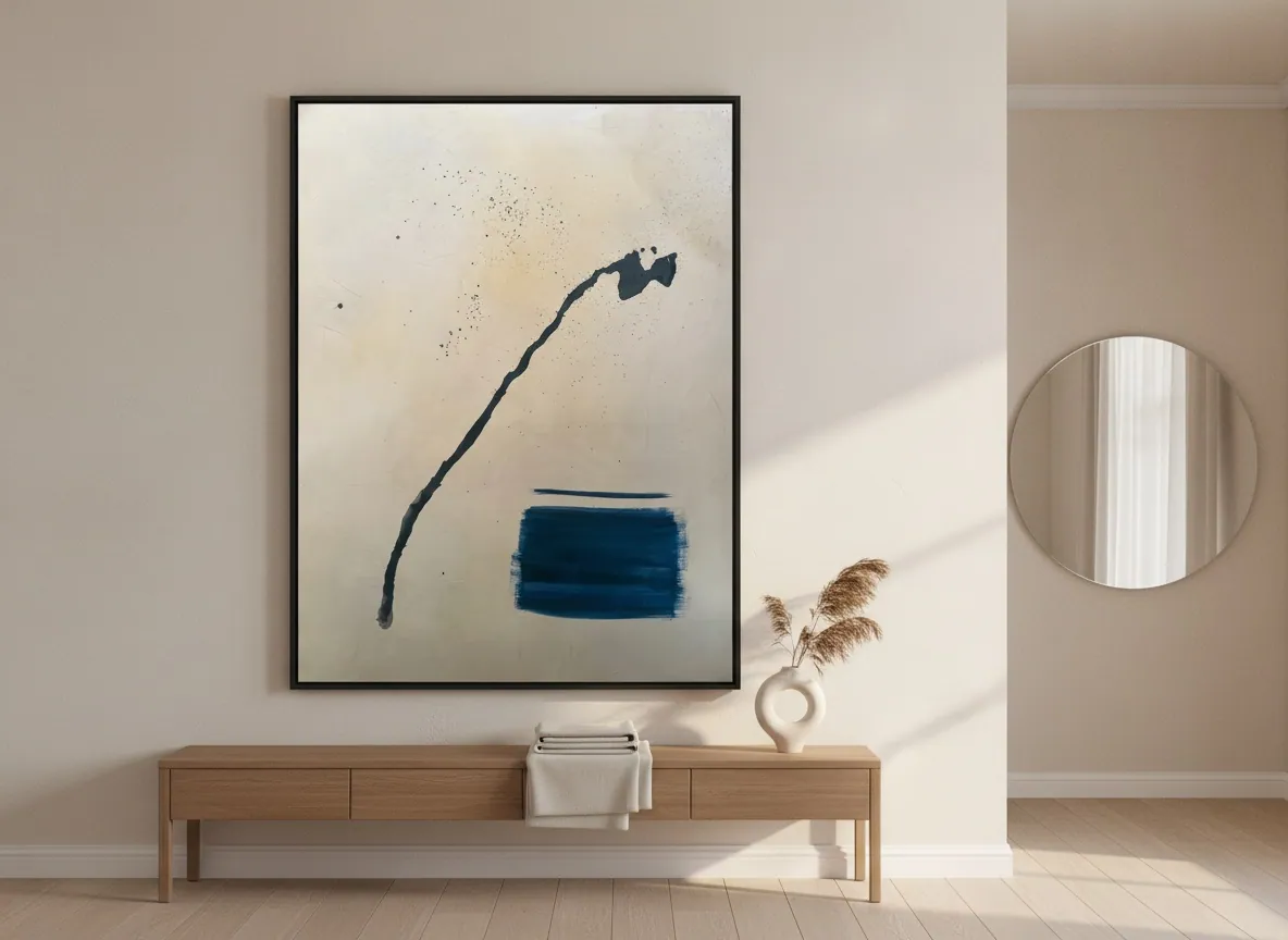 Silent Interval (120 x 160 cm), técnica mista com acrílica sobre tela, em ambiente corporativo — Alyne Perfeito, Perfeito Studio