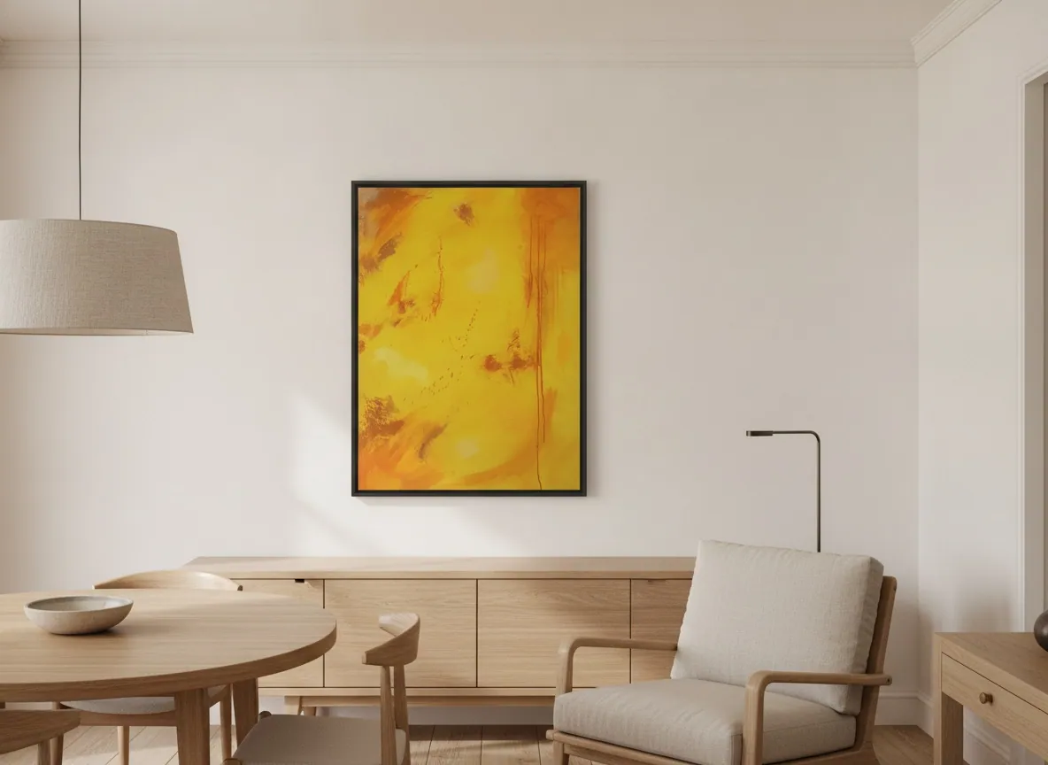 Solar Rain (70 x 110 cm), acrílica sobre tela, em sala de estar de casal — Alyne Perfeito, Perfeito Studio
