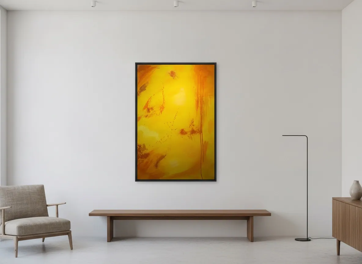Solar Rain (70 x 110 cm), acrylic on canvas, hung in a couple's living room — Alyne Perfeito, Perfeito Studio