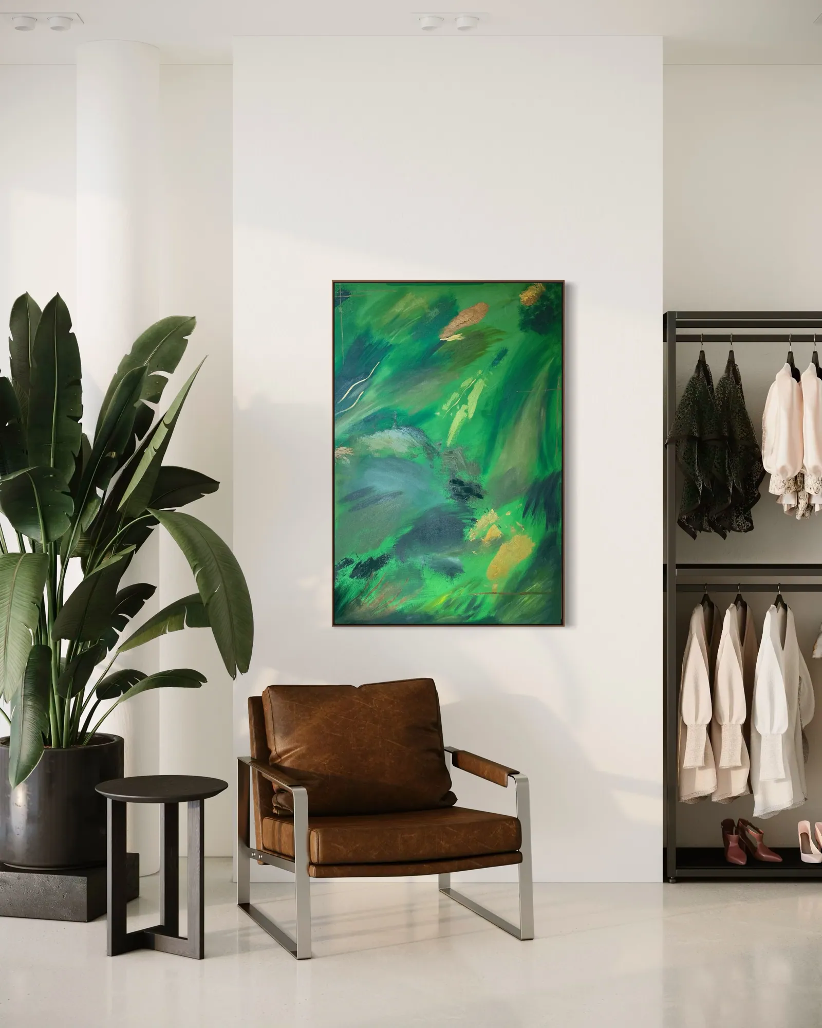 Vegetal Dawn (80 x 120 cm), acrílica sobre tela, em ambiente com plantas — Alyne Perfeito, Perfeito Studio