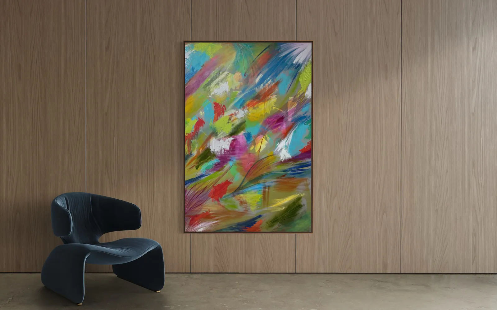 Vibrant Awakening (100 x 150 cm), acrílica sobre tela, em ambiente — Alyne Perfeito, Perfeito Studio